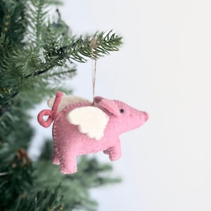 Flying Pig Ornament with Hemp String Attached, Wool Felt Christmas Ornament, Biodegradable Ornament, Tree Hanging Decoration, Fair Trade