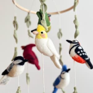 Puede incluir: Un m&oacute;vil de p&aacute;jaros de fieltro con una variedad de p&aacute;jaros coloridos, incluyendo un cacat&uacute;a amarillo y blanco, un cardenal rojo, un arrendajo azul, un p&aacute;jaro carpintero blanco y negro y un carbonero gris. Los p&aacute;jaros est&aacute;n suspendidos de un anillo de madera con hojas verdes de fieltro.