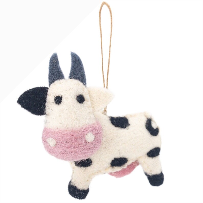Felt Milk Cow Ornament with Hemp string attached, Felt Christmas Ornament, Biodegradable, Farm animal ornament Black Spot