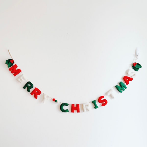 Felt MERRY CHRISTMAS Garland with Twine Thread, Fair Trade Garland, Wall Hangings, Felt Christmas Decor, Furnace Decoration