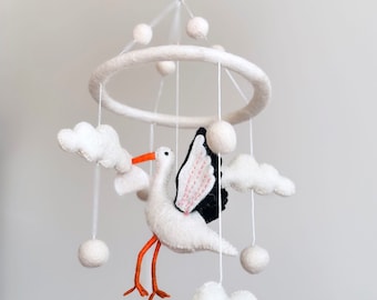 Felt Stork Baby Mobile For Nursery Decor, Baby Shower's Gift, Gifts for Expecting Parents, Best Gifts For Mom, Fair Trade Gift