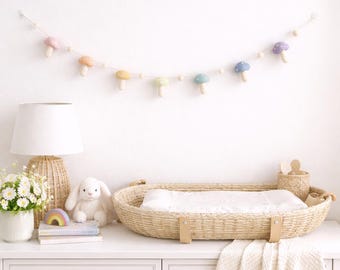 Felt Mushroom Garland – Pastel Easter Decoration, 4ft Wool Felt Garland, Woodland Nursery Decor, Spring Baby Shower Party Banner