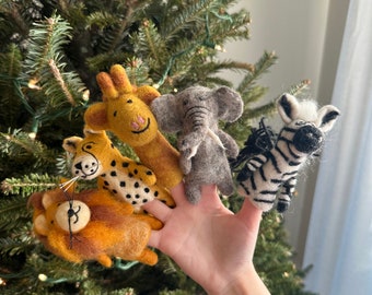 Ensemble de marionnettes à doigt animal safari, paniers de Noël de Pâques, marionnette à doigt animal d'Afrique, jouet Waldorf, aide à l'orthophonie, jeu de simulation