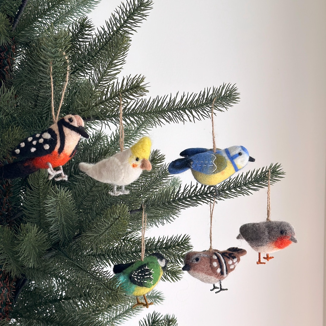 Felt American Bird Christmas Ornament Set, Felt Woodpecker, Sparrow, Canary, Robin, Blue Tit, Tree Decor, Gifts for Bird Lovers