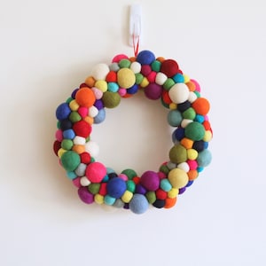 Rainbow Felt Ball Christmas Wreath | Multicolor Pompom Ball Wreath | Christmas door decorations