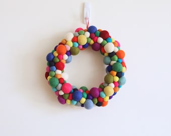 Rainbow Felt Ball Christmas Wreath | Multicolor Pompom Ball Wreath | Christmas door decorations