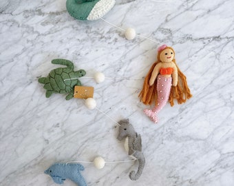 Felt Mermaid Garland, Felt Whale, Felt Dolphin Wall Hangings, Ocean Nursery Decor, Nautical Nursery Kids Room Décor, Under The Sea Garland