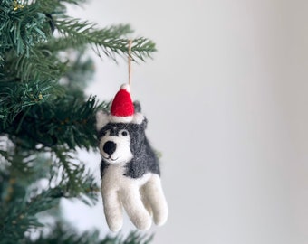 Felt Husky Dog Ornament with Christmas Hat, Wool Felt Ornament, Biodegradable Ornament, Fair Trade Ornament, For Dog Lovers