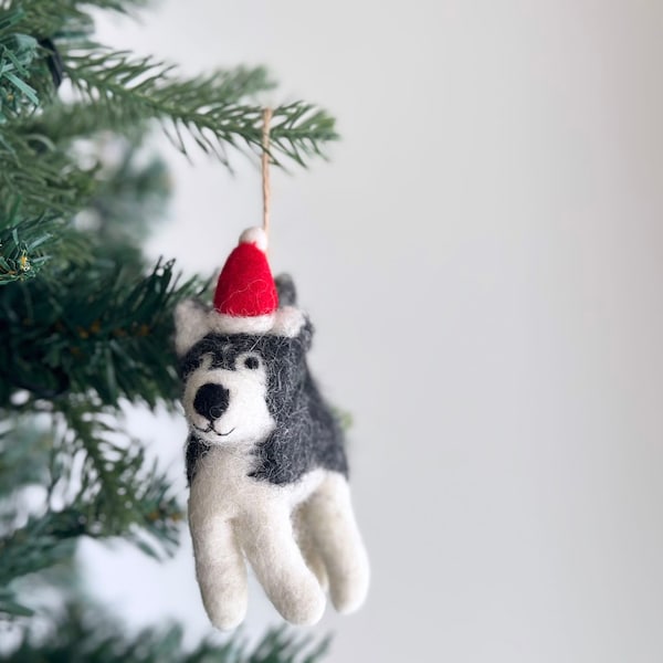 Felt Husky Dog Ornament with Christmas Hat, Wool Felt Ornament, Biodegradable Ornament, Fair Trade Ornament, For Dog Lovers