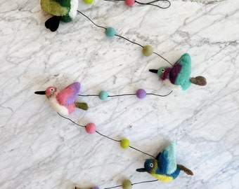 Felt Humming Bird Garland with a Copper Bell at the end, Bird Garland, Wall Hangings, Nursery Kids Room Décor, Waldorf Inspired