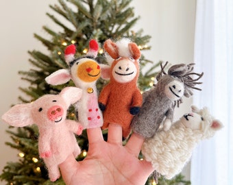 Farm Animal Finger Puppet Set, Mother's Day Gift, Needle Felted Rooster, Felt Horse, Felt Pig, Felt Sheep, Felt Donkey, Felt Cow