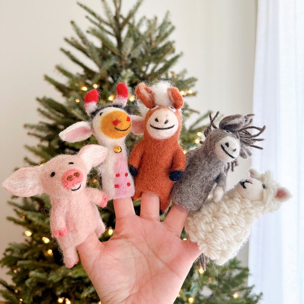 Farm Animal Finger Puppet Set, Easter Basket Stuffers, Needle Felted Rooster, Felt Horse, Felt Pig, Felt Sheep, Felt Donkey, Felt Cow