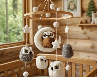 Móvil de búho para bebé, móvil de cuna con temática de bosque, regalo para baby shower, búho de fieltro con aguja, decoración infantil con temática de bosque, búho nival