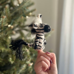 Zebra Felt Finger Puppet, Needle Felted Zebra Finger Puppet, Safari Animal Puppet, Waldorf Toy, Pretend Play, Story Telling For Kids
