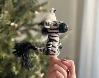 Zebra Felt Finger Puppet, Needle Felted Zebra Finger Puppet, Safari Animal Puppet, Waldorf Toy, Pretend Play, Story Telling For Kids