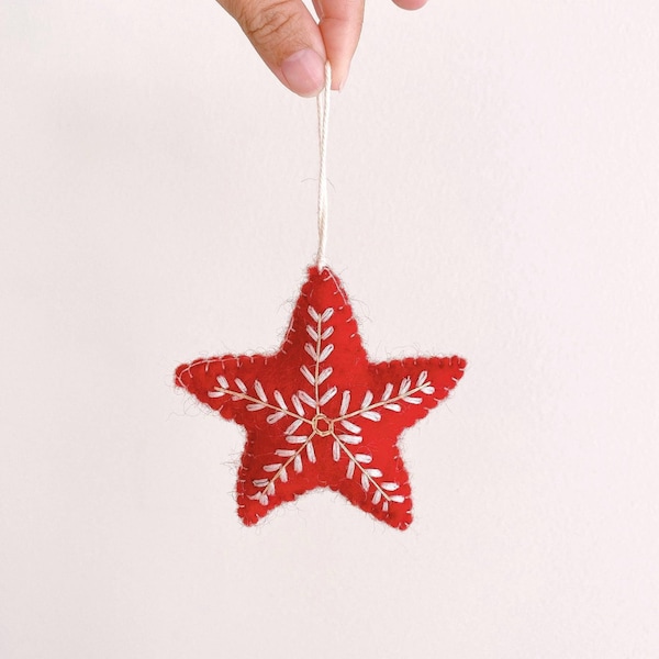 Felt Star Christmas Ornament With Snowflake Embroidery, Felt Heart, Felt Glove, Biodegradable Ornaments, Tree Decorations