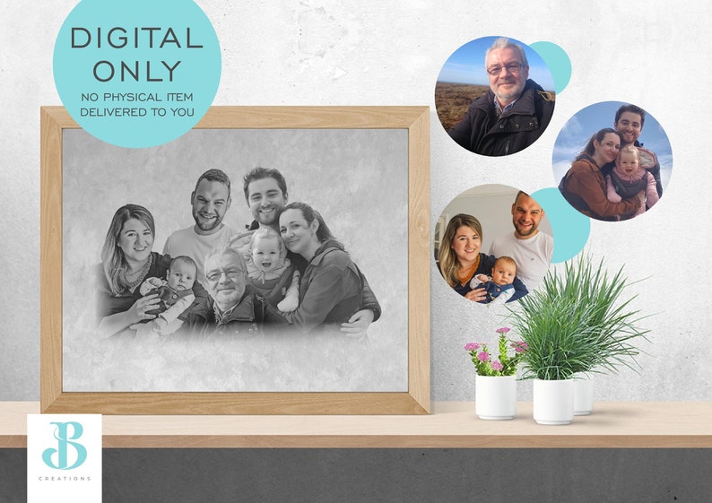 FAMILY PORTRAIT Combine Photos Into Custom Portrait, Pencil Digital Sketch Family Friends Portrait - Digital Drawing 