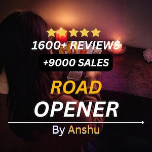 May include: A dark image with the text "1600+ REVIEWS +9000 SALES ROAD OPENER By Anshu". The scene includes candles and tarot cards, creating a mystical atmosphere. The focus is on the text and the product.