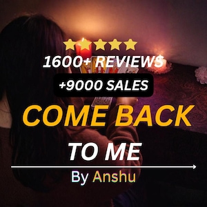 May include: Image with text: "1600+ REVIEWS +9000 SALES COME BACK TO ME By Anshu". The image shows a person holding tarot cards with candles and stars in the background. The text is in yellow and white.