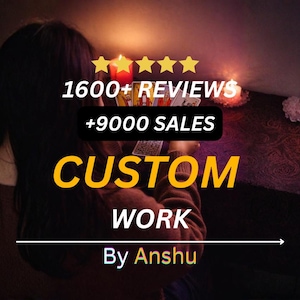May include: Image featuring a person holding tarot cards, with text overlayed. The text reads "1600+ REVIEWS +9000 SALES CUSTOM WORK By Anshu". The background is dimly lit with candles and a dark surface.