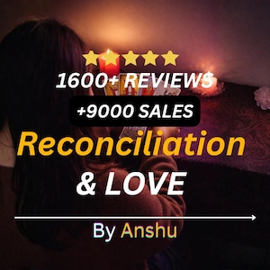 Könnte beinhalten: Ein Bild mit dem Text "1600+ REVIEWS +9000 SALES Reconciliation & LOVE By Anshu". Der dunkle Hintergrund zeigt brennende Kerzen und eine Person, was eine warme Atmosphäre schafft.