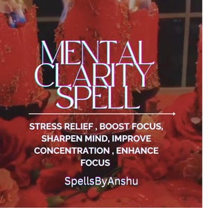 Pode incluir: Uma vela vermelha com as palavras "MENTAL CLARITY SPELL" em azul. O texto abaixo da vela diz "STRESS RELIEF, BOOST FOCUS, SHARPEN MIND, IMPROVE CONCENTRATION, ENHANCE FOCUS" e "SpellsByAnshu".