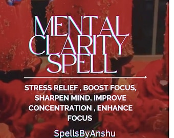 Puede incluir: Una vela roja con las palabras "MENTAL CLARITY SPELL" en azul. El texto debajo de la vela dice "STRESS RELIEF, BOOST FOCUS, SHARPEN MIND, IMPROVE CONCENTRATION, ENHANCE FOCUS" y "SpellsByAnshu".