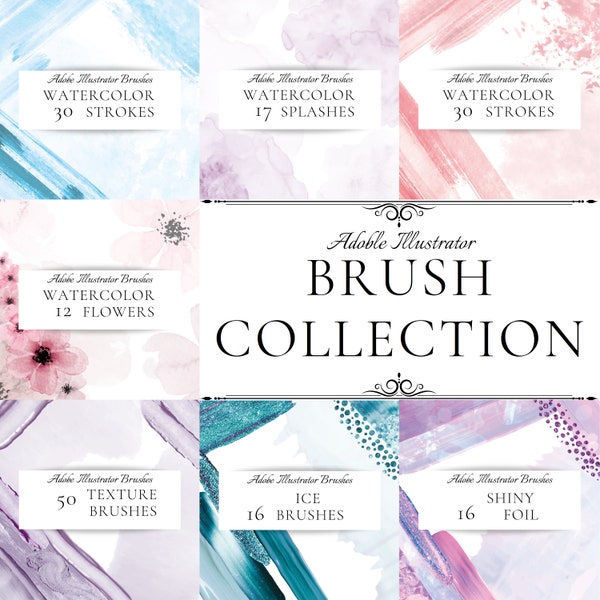 Adobe Illustrator Brush Collection, 7 Brush bundle set, 171 Adobe Illustrator brushes, Watercolor, Foil, Texture, Shine, Free Commercial use