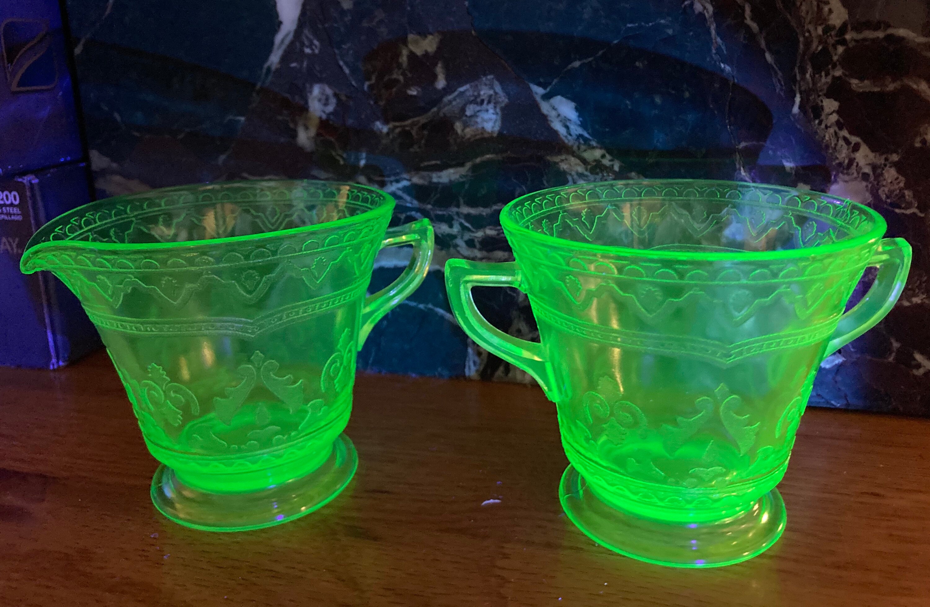 Patrician Green Federal Glass Etched Depression Uranium Glass Footed