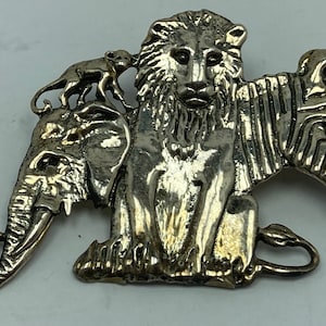 Zoological Pin Vintage EFS 925 Sterling Silver Brooch Lion, Elephant, Zebra, And Monkey**Free Shipping**