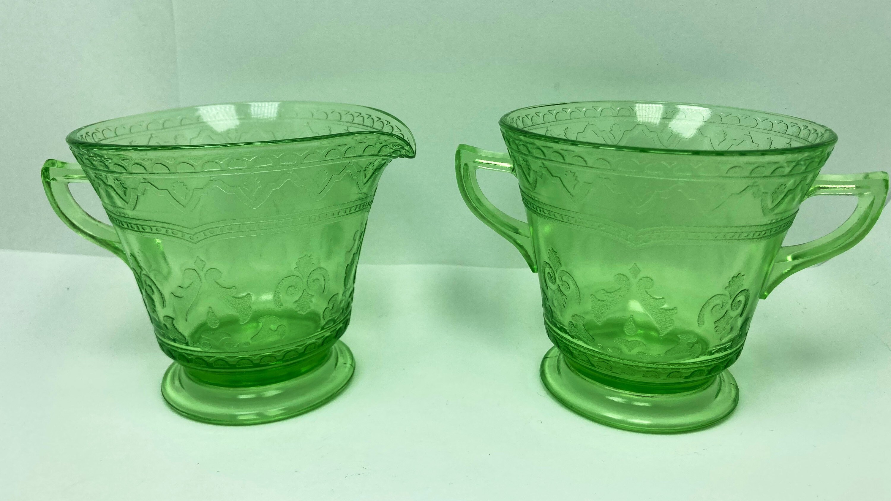 Patrician Green Federal Glass Etched Depression Uranium Glass Footed