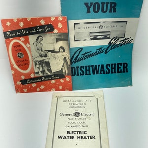 May include: Three instruction manuals for General Electric appliances. The first manual is for an automatic steam iron, the second is for an automatic dishwasher, and the third is for an electric water heater.