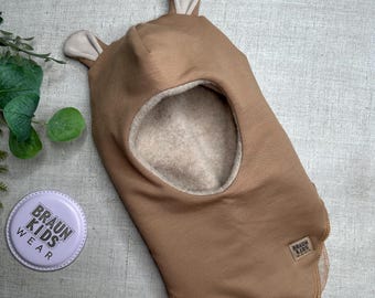 Neutral Infant Wool Balaclava, Winter Hat with Bear Ears, Brown cap