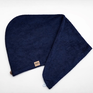 Dark Blue Bamboo Hair Turban | Unisex Terry Towel Wrap with Coconut Button