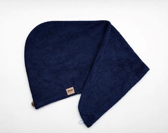 Turbante per capelli in bambù blu scuro / Asciugamano in spugna unisex con bottone in cocco