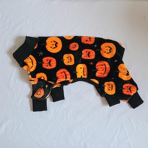 May include: Black pet onesie with an all-over pattern of orange jack-o'-lanterns. The Halloween-themed outfit has black cuffs and trim. The fabric is soft and plush, perfect for the spooky season.