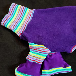 May include: A purple pet outfit with rainbow striped trim on the sleeves and leg openings. The fabric appears to be a soft fleece material. The colorful trim adds a playful contrast to the solid purple.