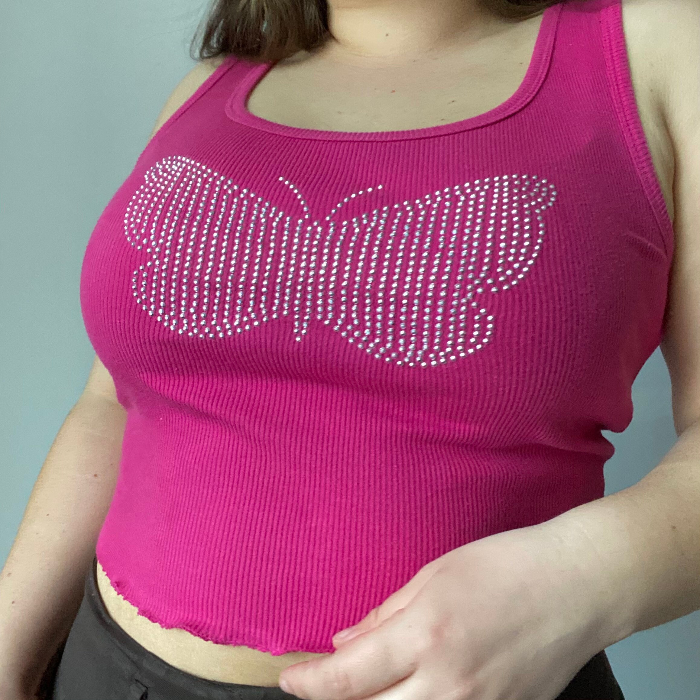 Y2k bedazzled butterfly tank top / ribbed pink butterfly tank Etsy