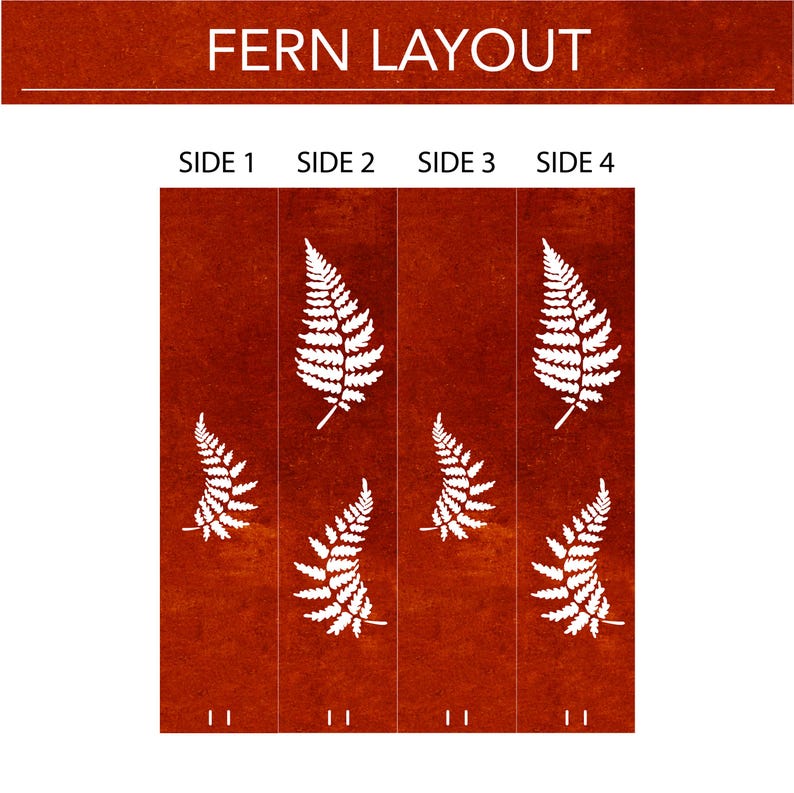 May include: A layout design for a metal fern screen. The design features four panels with white fern silhouettes on a rusty red background. The panels are labelled "Side 1", "Side 2", "Side 3", and "Side 4".