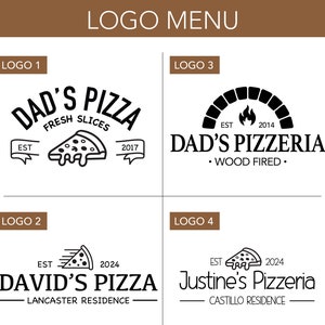 Puede incluir: Cuatro dise&ntilde;os de logo diferentes para un restaurante de pizza. El primer logo es una ilustraci&oacute;n en blanco y negro de una rebanada de pizza con el texto "Dad's Pizza" encima. El segundo logo es una ilustraci&oacute;n en blanco y negro de una rebanada de pizza con el texto "David's Pizza" debajo. El tercer logo es una ilustraci&oacute;n en blanco y negro de un horno de pizza con el texto "Dad's Pizzeria" debajo. El cuarto logo es una ilustraci&oacute;n en blanco y negro de una rebanada de pizza con el texto "Justine's Pizzeria" debajo.