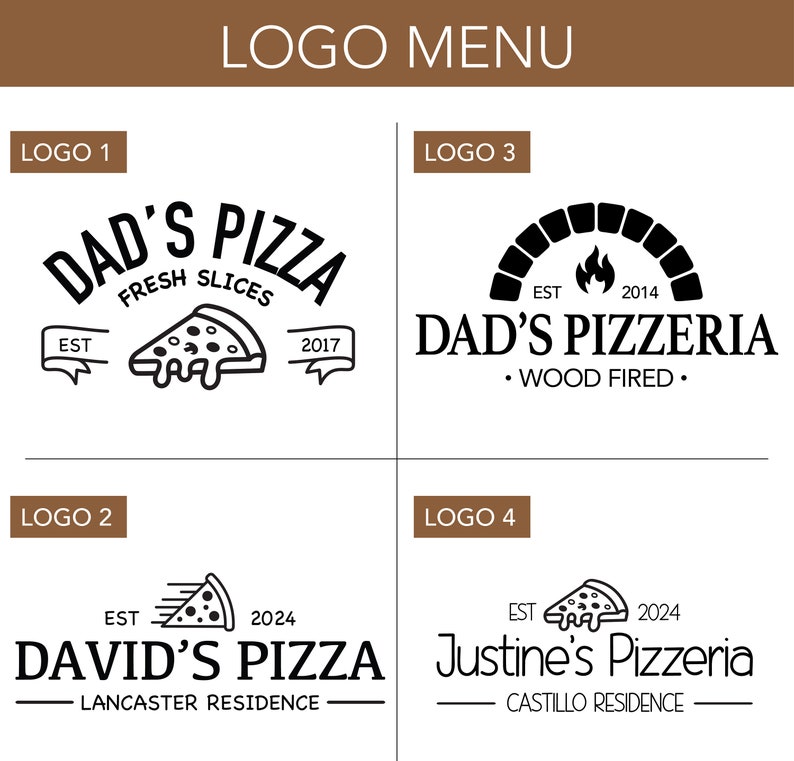 Puede incluir: Cuatro dise&ntilde;os de logo diferentes para un restaurante de pizza. El primer logo es una ilustraci&oacute;n en blanco y negro de una rebanada de pizza con el texto "Dad's Pizza" encima. El segundo logo es una ilustraci&oacute;n en blanco y negro de una rebanada de pizza con el texto "David's Pizza" debajo. El tercer logo es una ilustraci&oacute;n en blanco y negro de un horno de pizza con el texto "Dad's Pizzeria" debajo. El cuarto logo es una ilustraci&oacute;n en blanco y negro de una rebanada de pizza con el texto "Justine's Pizzeria" debajo.
