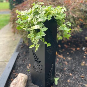 May include: A black, rectangular planter with fern cutouts, filled with trailing green and white variegated plants. The planter is outdoors, set in a bed of dark mulch, with a blurred background of greenery.