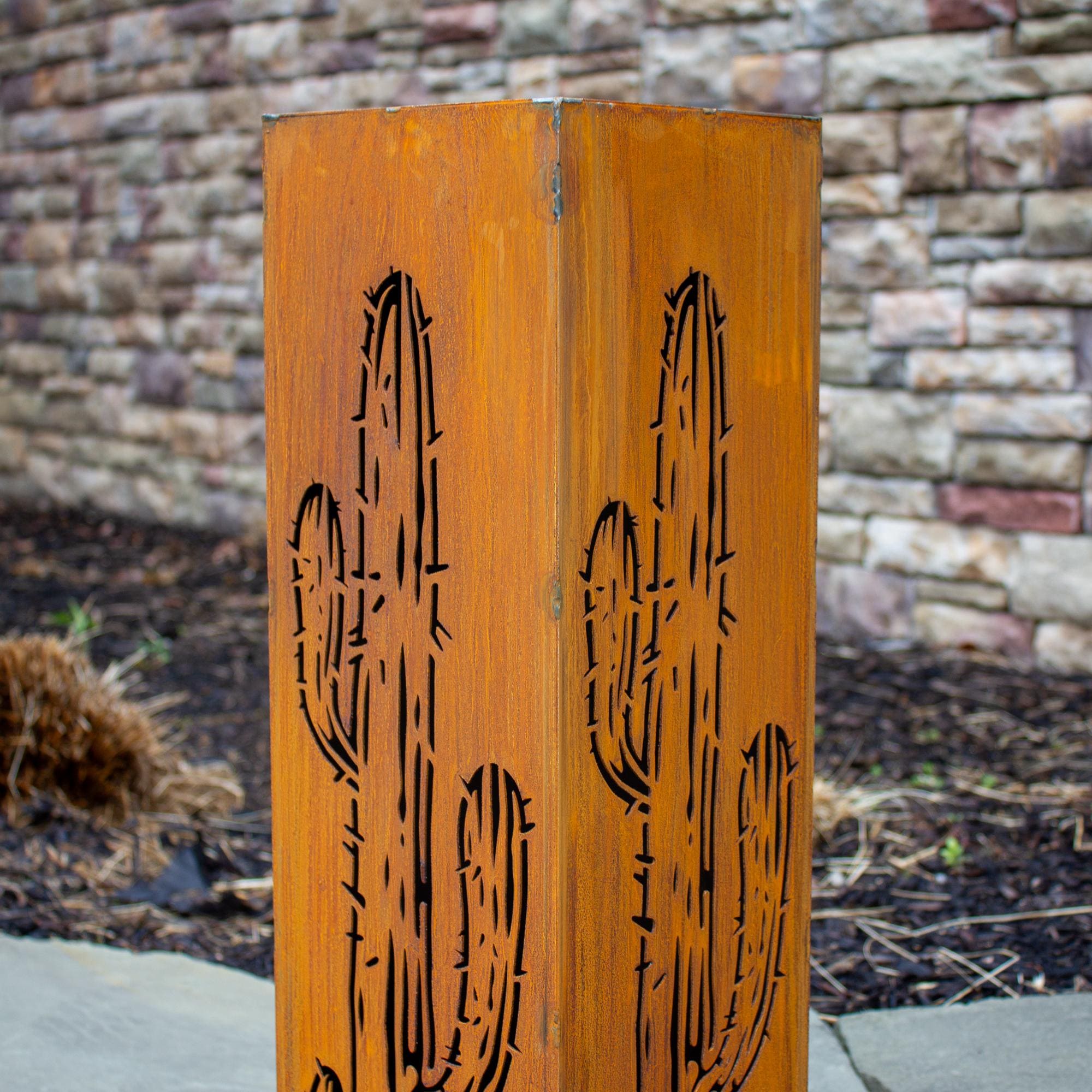 Rusted Cactus Garden Column | Southwestern Cactus Art | Rustic Bollard Sculpture Landscape Design