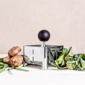May include: A stainless steel food chopper with a black knob and a square cutting surface. The chopper is surrounded by fresh vegetables and mushrooms.