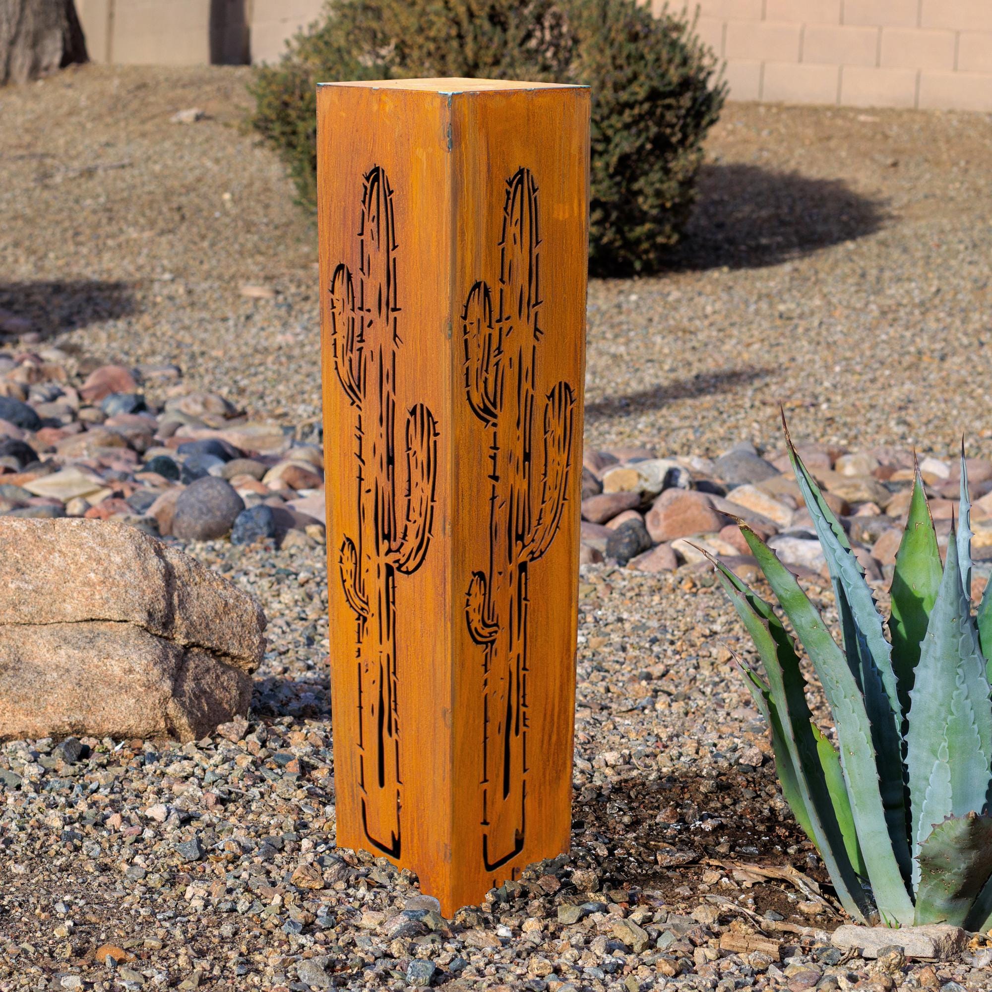 Rusted Cactus Garden Column | Southwestern Cactus Art | Rustic Bollard Sculpture Landscape Design