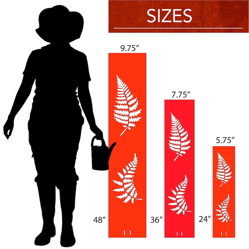 May include: Three red metal fern wall decor panels with white fern silhouettes. The panels are 48 inches tall by 9.75 inches wide, 36 inches tall by 7.75 inches wide, and 24 inches tall by 5.75 inches wide.  The word "SIZES" is printed in white on a brown background above the panels.