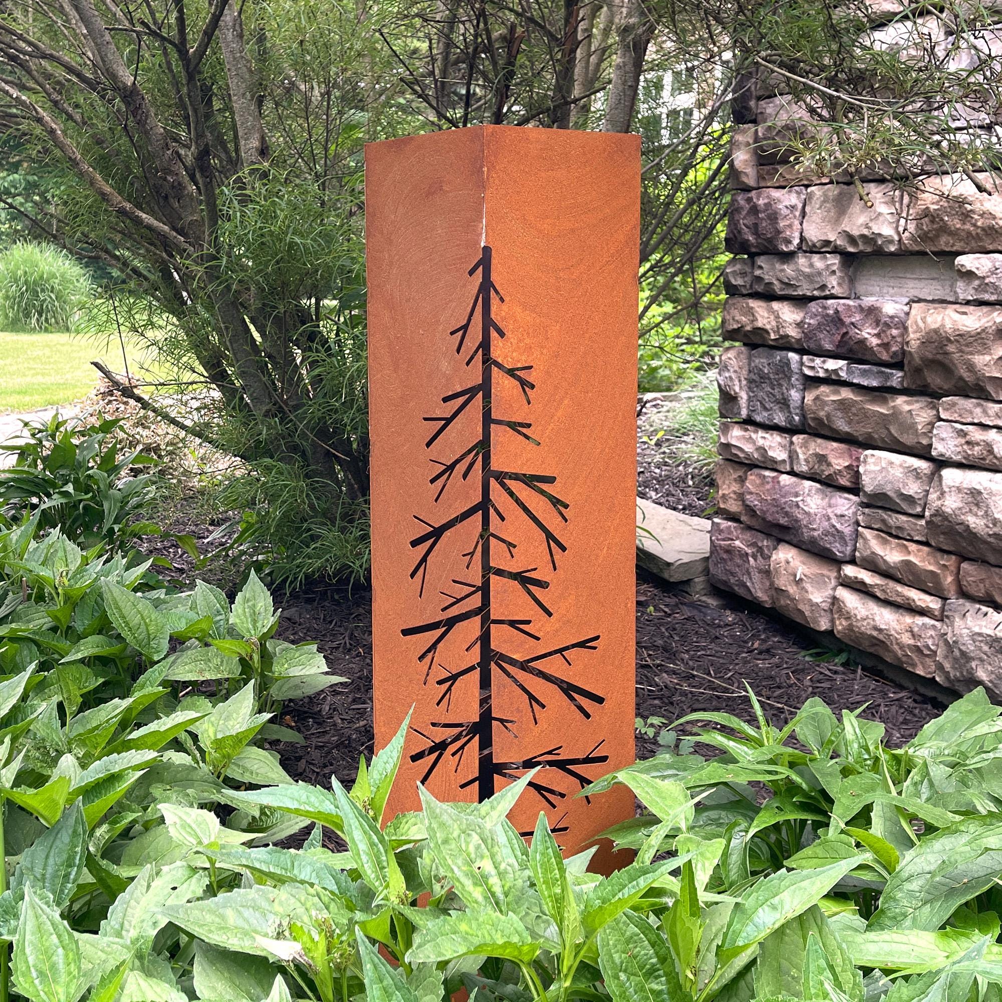 Rusted Metal Garden Column | Rusted Tree Garden Art | Rustic Sculpture Landscape Design