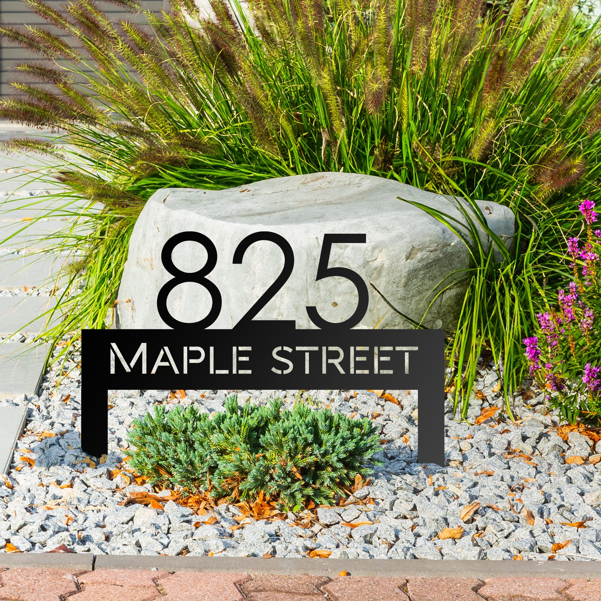 Metal Address House Number Sign With Stakes | Modern House Address Sign | Mid-Century Custom House Numbers