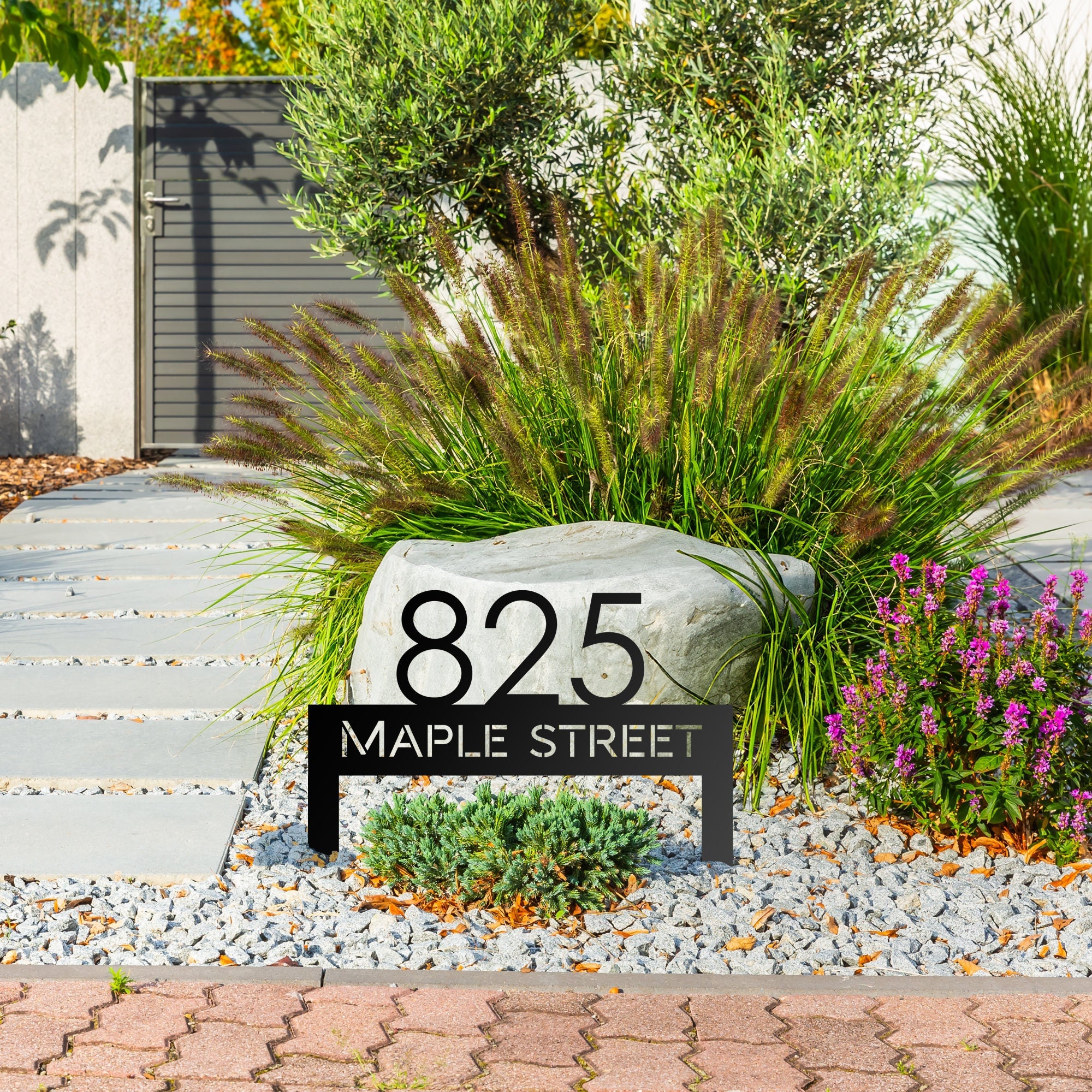 Metal Address House Number Sign With Stakes | Modern House Address Sign | Mid-Century Custom House Numbers