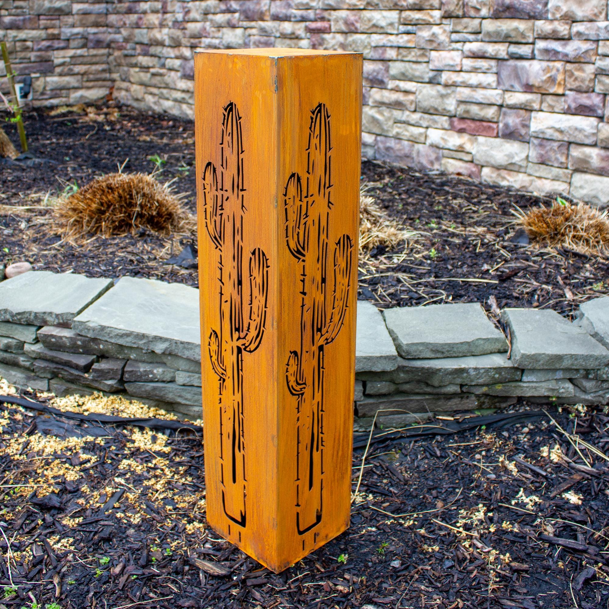 Rusted Cactus Garden Column | Southwestern Cactus Art | Rustic Bollard Sculpture Landscape Design